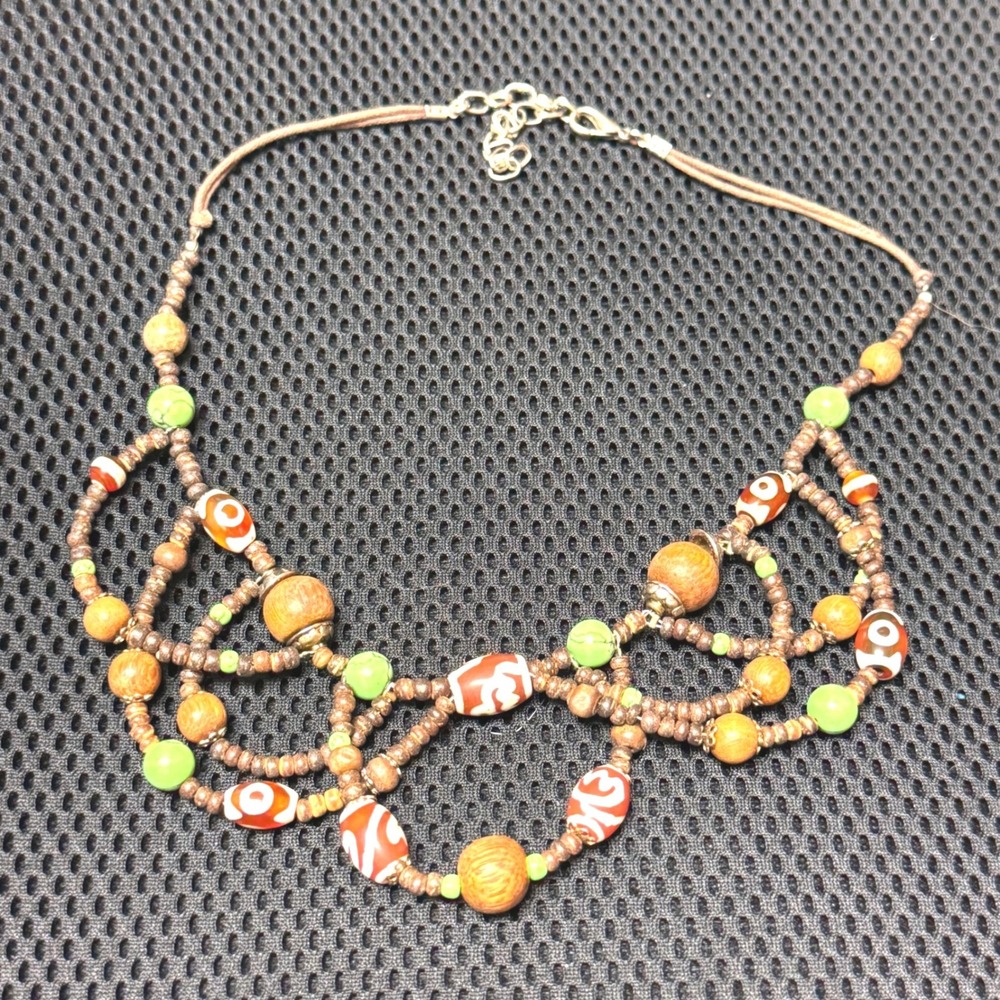 Boho Multi Strand Beaded Necklace Dzi Style Green Turquoise Wood Tribal 18"